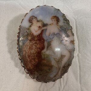 Antique Hand-Painted Porcelain Cameo Brooch With Romantic Scene Gold-Tone Frame